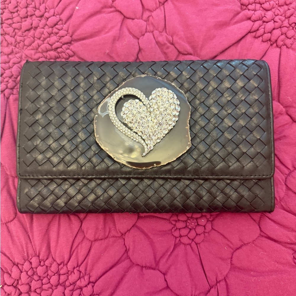 Elegant Black Woven Clutch with Heart Accent